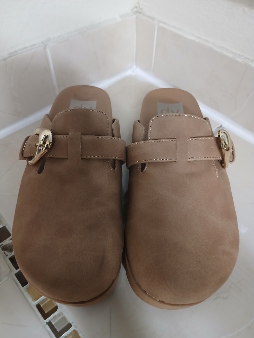 Dolce Vita Tan Suede Slip-On Clogs with Gold Buckles